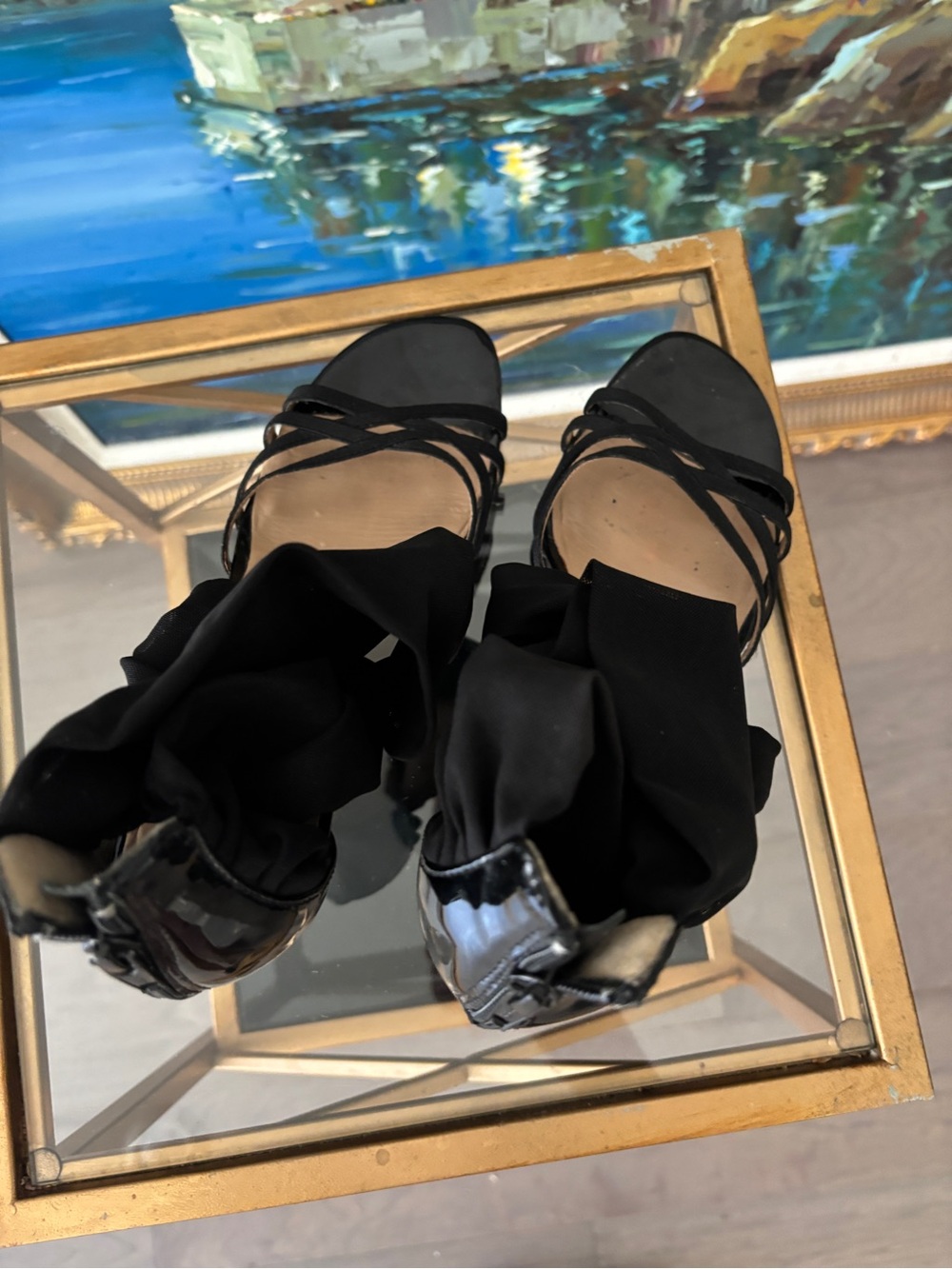 Donald J. Pliner Black Strappy Ruffle Ankle-Wrap Heels
